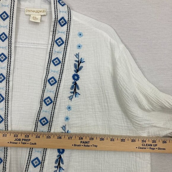 Cynthia Rowley White Blue Floral Embroidered Boho Open Front Duster Top 2X - Picture 6 of 9